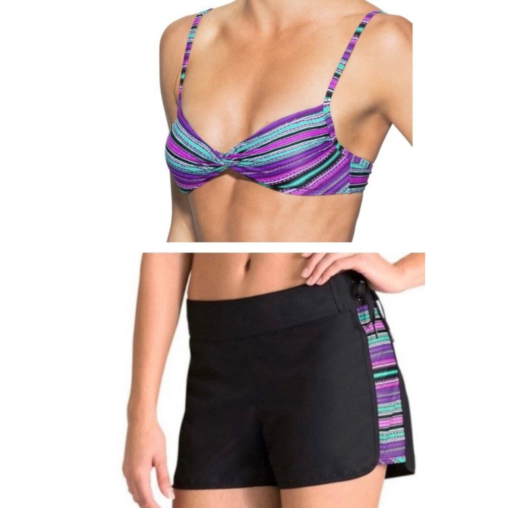 ATHLETA Santa Cruz Swimsuit Set Bikini Top/Board Shorts Colorful Beach Size 2/S
